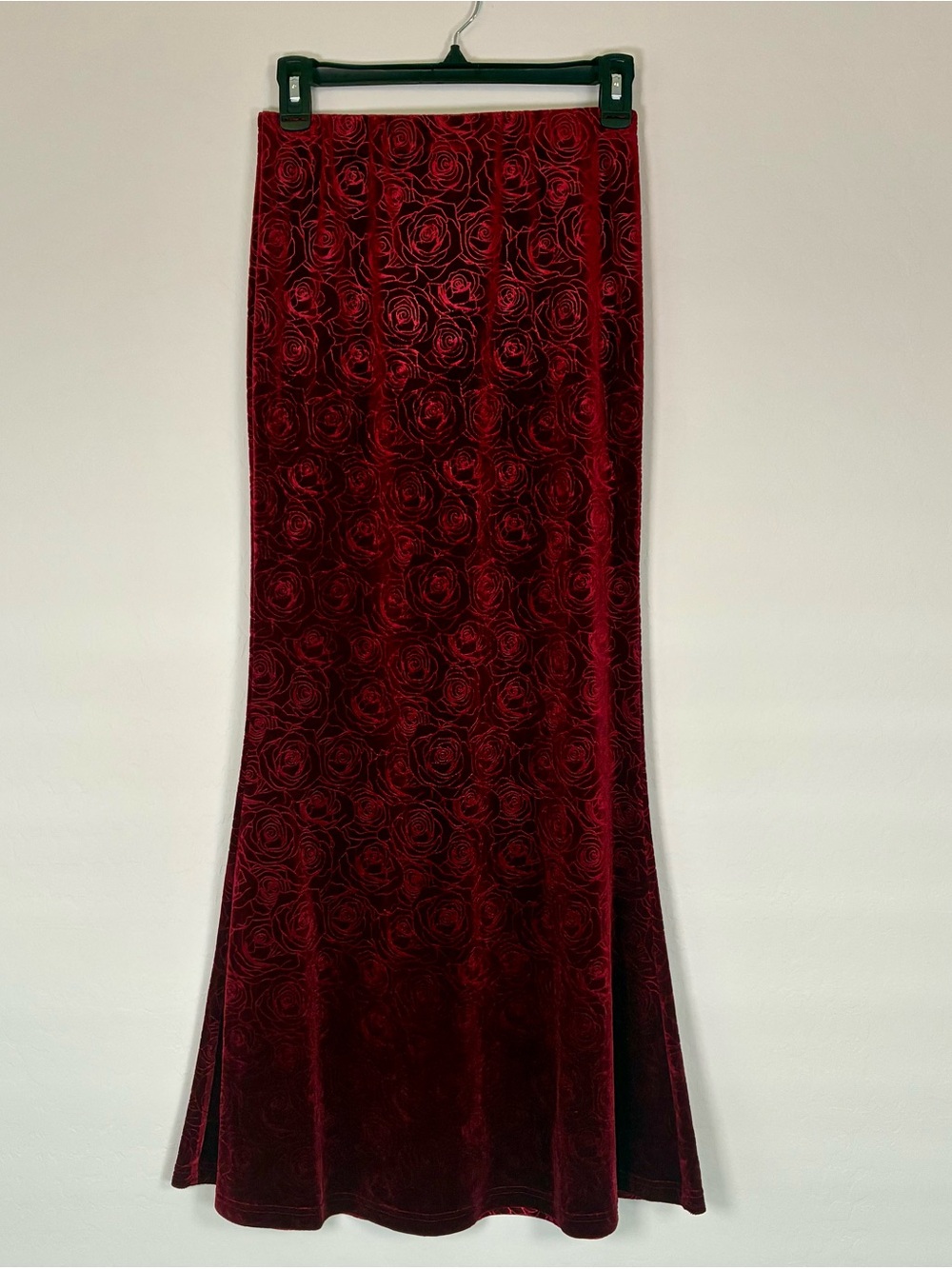 Hello Molly Burgundy Rose-Embossed Velvet Maxi Skirt